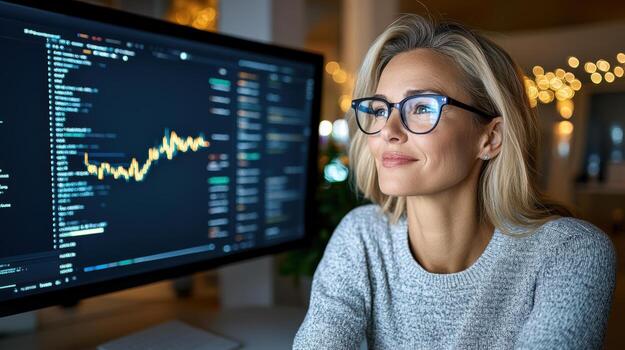 A woman wearing glasses is looking at a computer screen with a chart on it photo