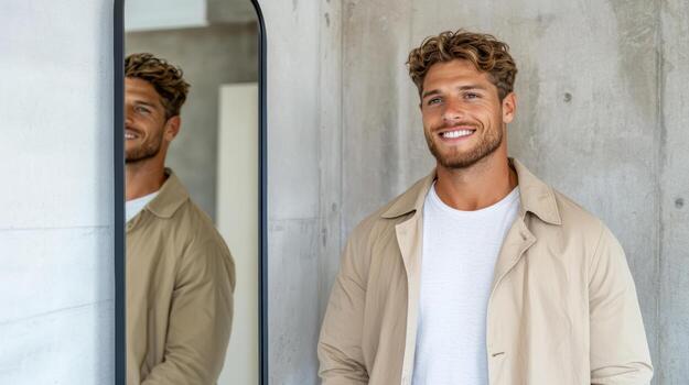 A man is smiling in front of a mirror photo