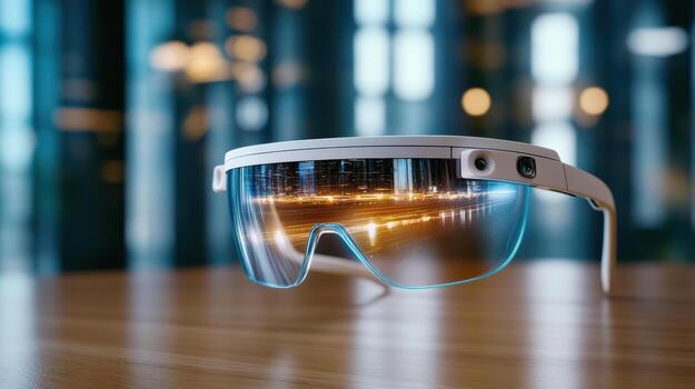 A pair of glasses with a city in the reflection photo