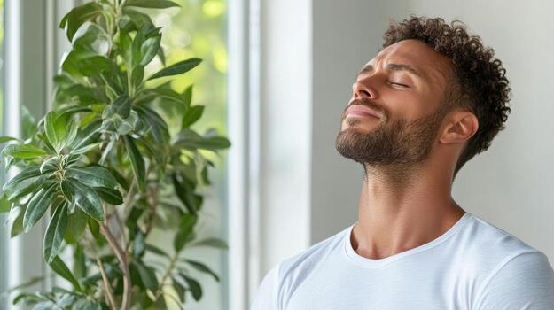 A man is meditating in front of a window photo