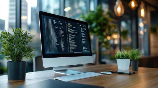 Computer monitor on desk with code on screen photo