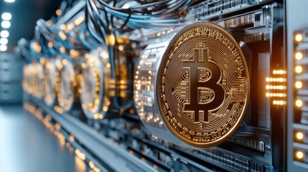 Bitcoin in a server room with a lot of lights photo