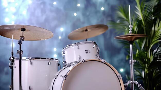 A drum set is shown in front of a wall photo