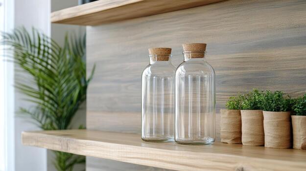 Two empty bottles on a shelf photo