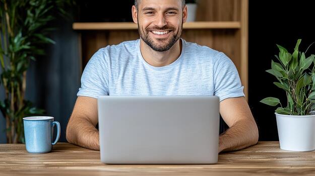 A man smiles while sitting at a table with a laptop photo
