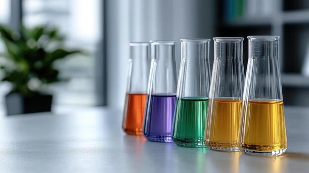 Four test tubes with different colored liquids photo
