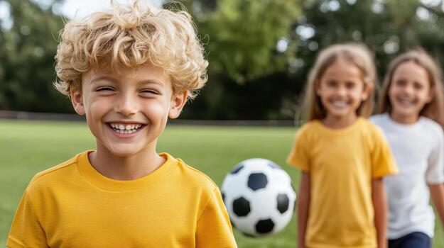 Three children are standing in front of a soccer ball photo