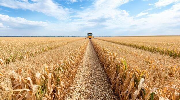 A combine harvester is driving through a field of wheat photo