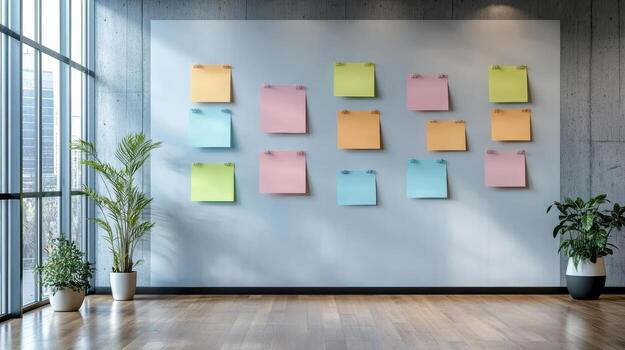 A wall with colorful sticky notes on it photo