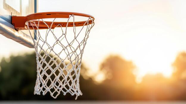 Basketball hoop with net and sun in background photo