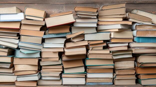 A pile of books on a wooden table photo