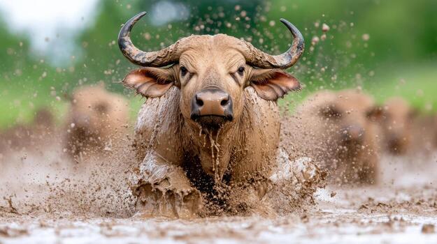 A large bull running through a muddy field photo