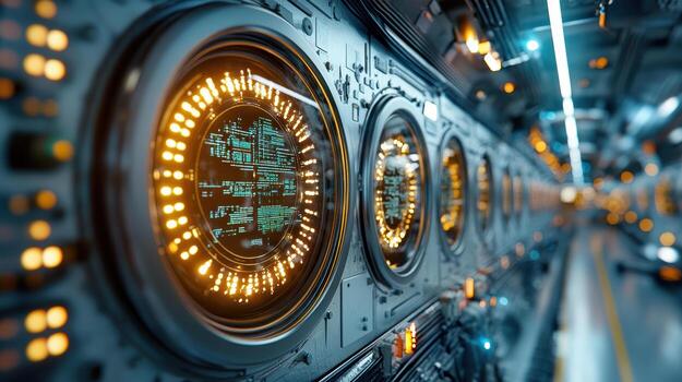 A close up of a large electronic panel in a room photo