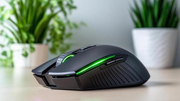 A gaming mouse with green lights on it photo
