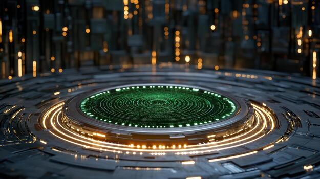 A futuristic circular object with green lights photo