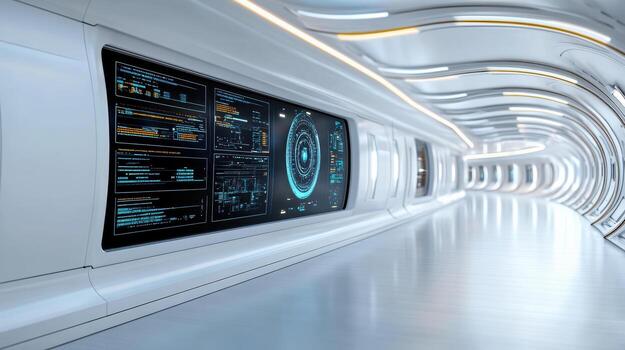 A futuristic tunnel with a large screen photo