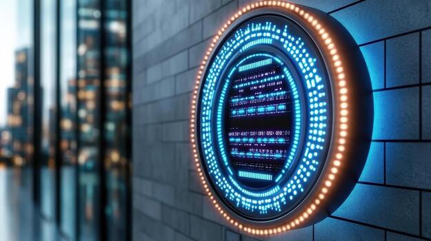 A digital sign on a wall with a city skyline in the background photo