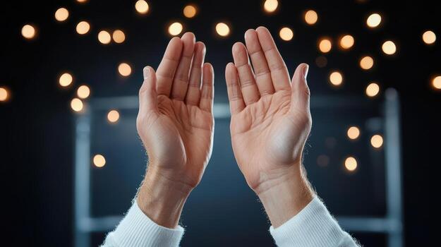 Hands up in the air with lights in the background photo