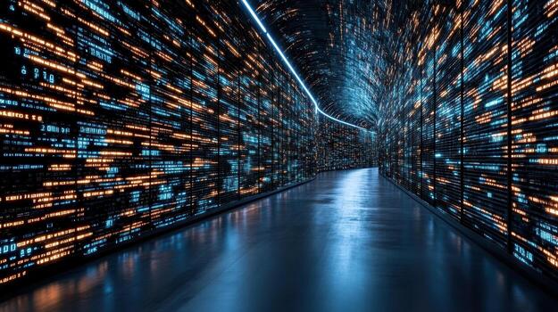 A tunnel with many data lights and numbers photo