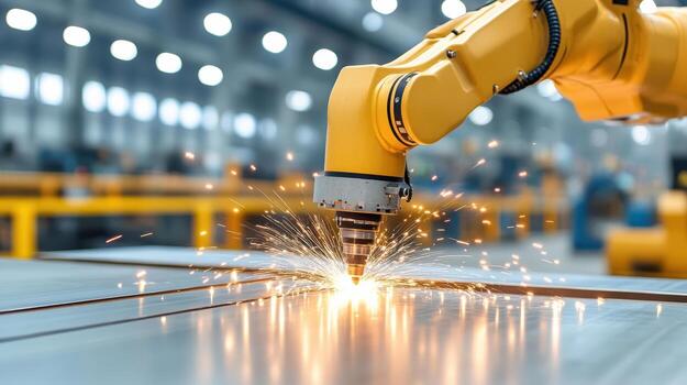 A robot welding on a metal surface in a factory photo