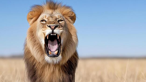 A lion roaring in the open field photo