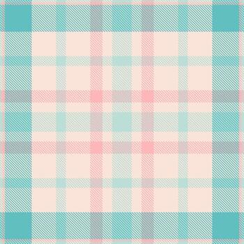 Soft pastel plaid pattern. Intersecting stripes in pink, turquoise, and beige create a cozy, classic textile design. Ideal for backgrounds, fabrics, or textures. vector