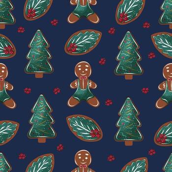 Navidad sin costura modelo con pan de jengibre hombre, Navidad árbol y acebo en oscuro azul antecedentes . festivo Galleta diseño para envase papel, tela, textil, impresión. vector