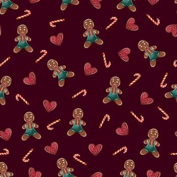 Christmas seamless pattern with gingerbread man, cookies heart and candy cane on dark red background . Festive cookie design for wrapping paper, fabric, textile, print. vector