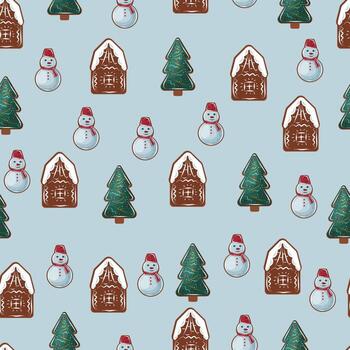 Navidad sin costura modelo con pan de jengibre casa, Navidad árbol y monigote de nieve en nieve azul antecedentes . festivo Galleta diseño para envase papel, tela, textil, impresión. vector