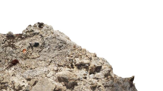 Fragment of concrete rubble sits against a plain white backdrop, showcasing rough texture and varied aggregate in a stark, isolated composition. photo