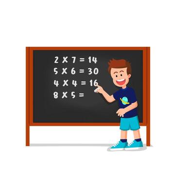 A smart boy answers some math addition problems on the blackboard vector