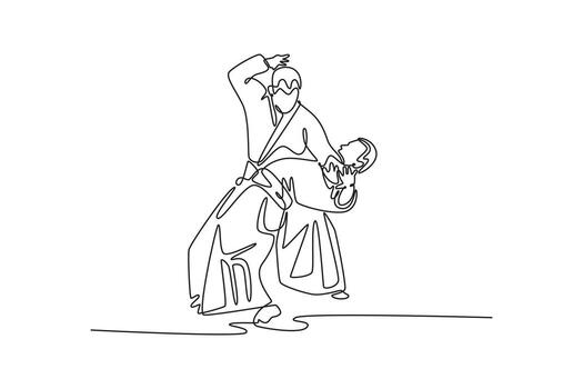 Single one line drawing two men perform hip throw maneuver, attacker controlling body of his partner, technical precision of Aikido technique. Continuous line draw design graphic illustration vector