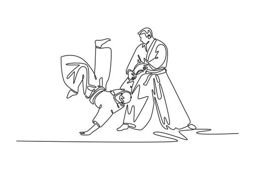 Single one line drawing a dynamic Aikido technique, with one male figure controlling inverted fall of his partner, art of control and momentum. Continuous line draw design graphic illustration vector