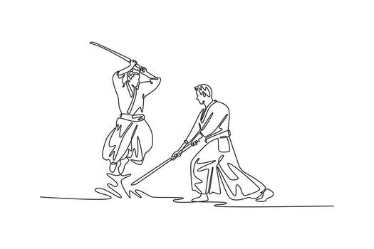 Single continuous line drawing two men in weapon drill, one figure attacking while airborne with sword, the other countering from low, grounded stance. One line draw graphic design illustration vector