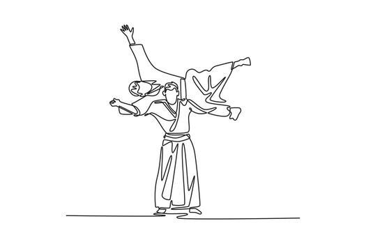 Continuous one line drawing dynamic Aikido throw, with one male figure lifting and inverting his partner, effortless power and balance of technique. Single line draw design graphic illustration vector