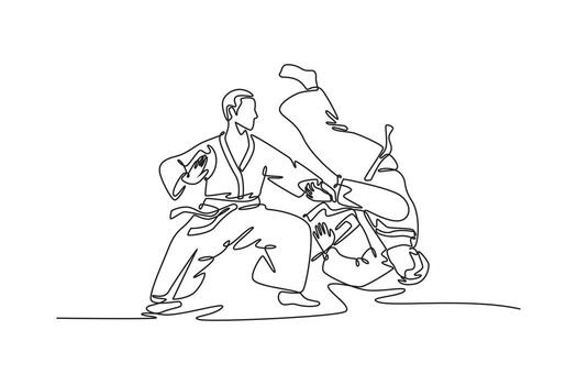 Continuous one line drawing dynamic Aikido throw, with one male figure controlling his partner's momentum as he executes breakfall, fluid control. Single line draw design graphic illustration vector