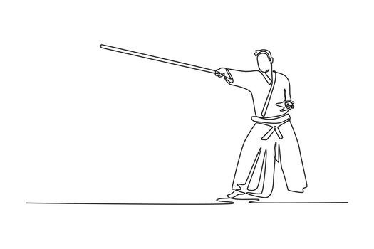 soltero continuo línea dibujo hombre en bajo postura sostiene largo personal extendido en poderoso adelante empuje, atención y fuerza aikido arma forma. dinámica uno línea dibujar gráfico diseño ilustración vector
