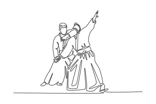 Continuous one line drawing dynamic Aikido throw, with one male figure controlling his partner's momentum and unbalancing with a precise maneuver. Single line draw design graphic illustration vector