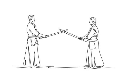 Single continuous line drawing two men in aikido standoff, their training swords crossed, capturing the tense moment of disciplined sparring. Dynamic one line draw graphic design illustration vector