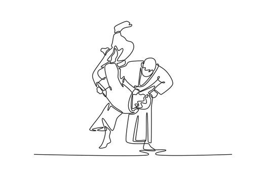 Continuous one line drawing dynamic Aikido throw, with one male figure lifting his partner completely off ground, over his hip, power and technique. Single line draw design graphic illustration vector