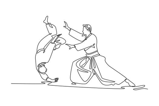 Continuous one line drawing dynamic Aikido throw, with one male figure controlling his partner's executes a forward roll, principle of unbalancing. Single line draw design graphic illustration vector