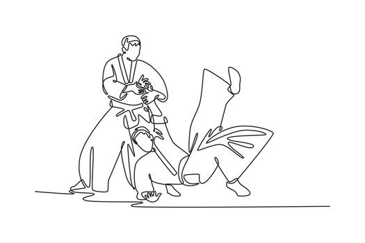 Continuous one line drawing dynamic Aikido technique, with one male figure controlling his partner's momentum through precise wrist lock and throw. Single line draw design graphic illustration vector