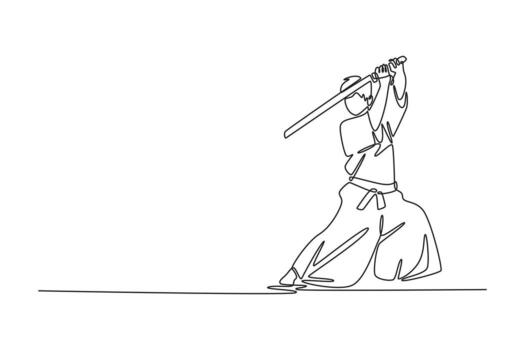 soltero continuo línea dibujo hombre en bajo postura sostiene espada alto gastos generales, listo para poderoso huelga, atención y conectado a tierra poder de aikido arma forma. uno línea dibujar gráfico diseño ilustración vector