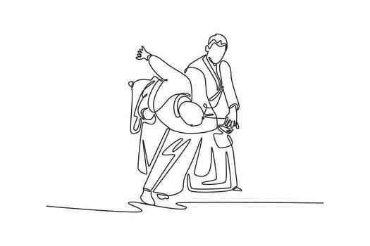Single one line drawing two men performing aikido throw, with one figure executing a hip toss, fluidity and precise mechanics of the technique. Continuous line draw design graphic illustration vector