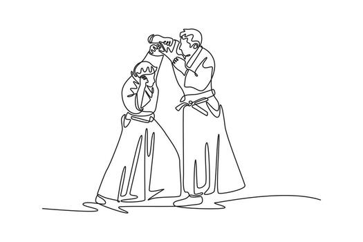 Continuous one line drawing two men execute head-and-neck control, with one figure applying precise pressure on the other, fluid technique Aikido. Single line draw design graphic illustration vector