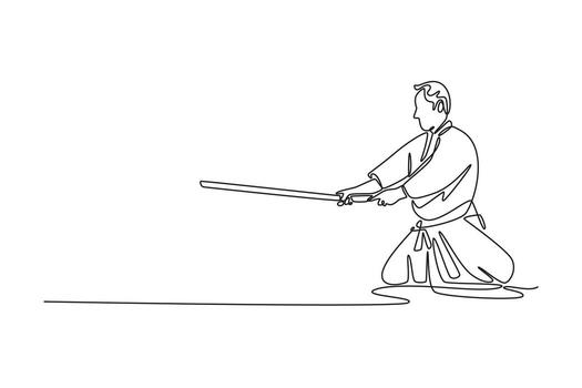 soltero continuo línea dibujo hombre en disciplinado postura, participación espada extendido adelante, atención y conectado a tierra postura de tradicional aikido arma forma. uno línea dibujar gráfico diseño ilustración vector