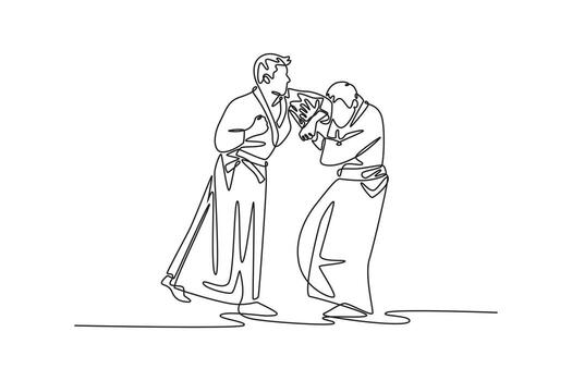 continuo uno línea dibujo dos hombres contratar en aikido ejercicio, con uno figura evadir ataque mientras el otro mantener control, preciso posicionamiento. soltero línea dibujar diseño gráfico ilustración vector