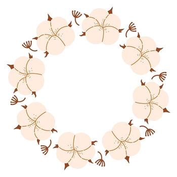 Autumn simple cotton boll circle frame. Round border made of cotton boxes. The cotton is arranged in a circle. flat isolated on white background. vector