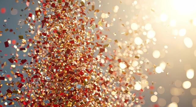 Festive explosion of sparkling red and gold glitter on a soft background photo
