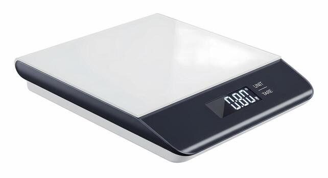 Modern digital kitchen scale with electronic display on white background photo